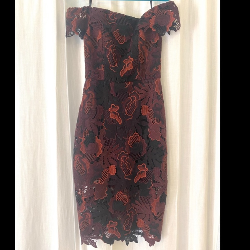 ABS black burgundy and copper lace cocktail dress